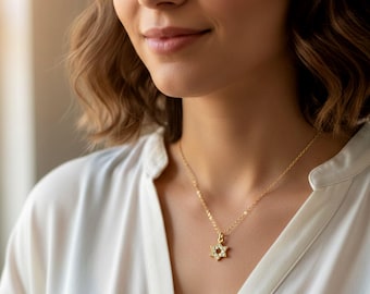 Gold-David-Stern-Halskette für Sie Tiny Magen David Anhänger Zierliche Jüdische Halskette Jüdischer Stern Charme Religiöses Stern Geschenk für Sie