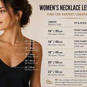 May include: A necklace length guide featuring text that reads WOMEN'S NECKLACE LENGTH GUIDE and FIND THE PERFECT LENGTH FOR YOU. It lists lengths from 14 inches to 22 inches, showing how each chain sits on the chest with corresponding fit descriptions.