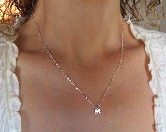 Personalized Sterling Silver Letter Necklace Alphabet Pendant, M Monogram Initial Necklace for Her Women's Birthday Gift Charm Necklace