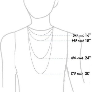 May include: A diagram illustrating necklace lengths. The image shows a person's upper body with four necklace lengths: 16 inches (40 cm), 18 inches (45 cm), 24 inches (60 cm), and 30 inches (75 cm).