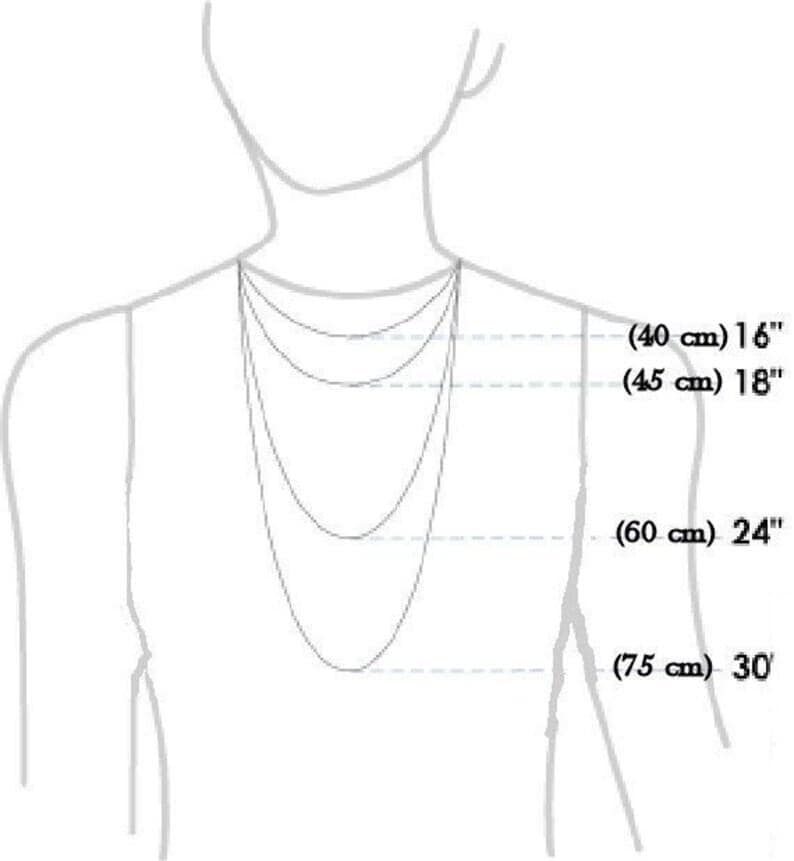 May include: A diagram illustrating necklace lengths. The image shows a person's upper body with four necklace lengths: 16 inches (40 cm), 18 inches (45 cm), 24 inches (60 cm), and 30 inches (75 cm).