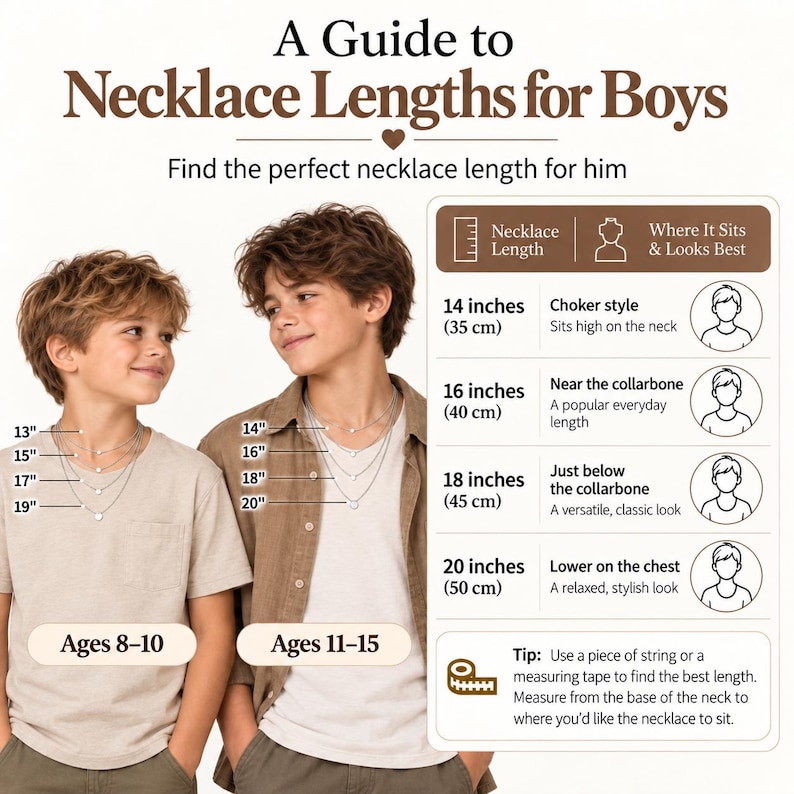May include: An informational chart titled A Guide to Necklace Lengths for Boys. It displays two children wearing multiple layered necklaces labeled 13, 14, 15, 16, 17, 18, 19, and 20 inches. A table lists lengths from 14 to 20 inches with descriptions.