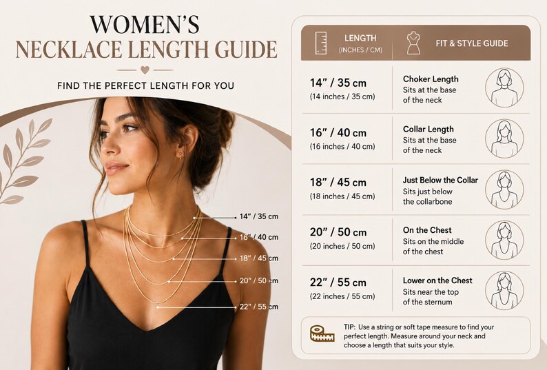 May include: A necklace length guide infographic featuring a person wearing five layered gold chains. The chart lists lengths from 14 inches to 22 inches, corresponding to 35 cm to 55 cm, with descriptions for how each length sits on the neck and chest.
