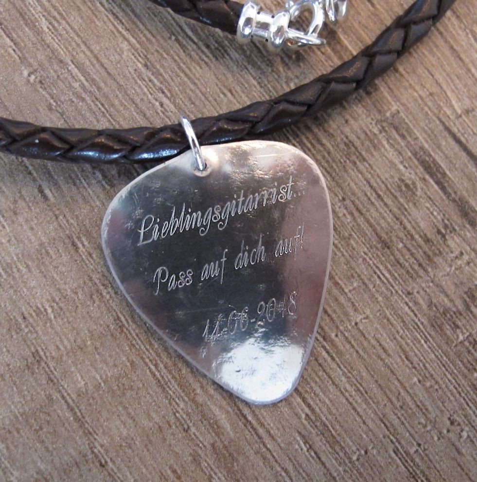 Personalized Guitar Pick Pendant Mens Leather Necklace Gift
