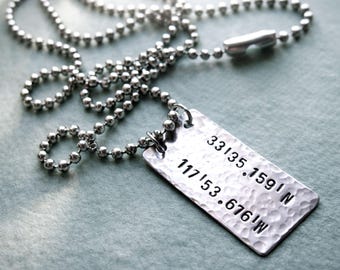Custom Engraved Pendant Hammered Tag Necklace Birthday Personalized Mens Gif for Him Latitude Coordinates Pendant for men Mens Necklace