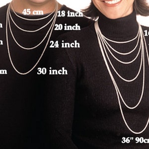 May include: Image showing necklace lengths. The necklaces are displayed on two people, with measurements in inches and centimeters. The lengths include 16 inches (40cm), 18 inches (45cm), 20 inches (50cm), 24 inches (60cm), 30 inches (75cm), and 36 inches (90cm).