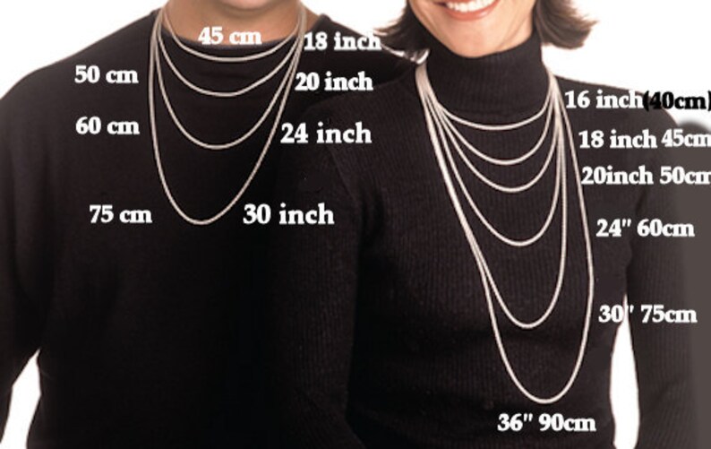 May include: Image showing necklace lengths. The necklaces are displayed on two people, with measurements in inches and centimeters. The lengths include 16 inches (40cm), 18 inches (45cm), 20 inches (50cm), 24 inches (60cm), 30 inches (75cm), and 36 inches (90cm).