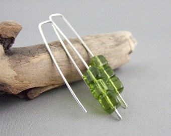 Olive Green Cube Earrings - Chartreuse Czech Glass and Sterling Silver Modern Earrings