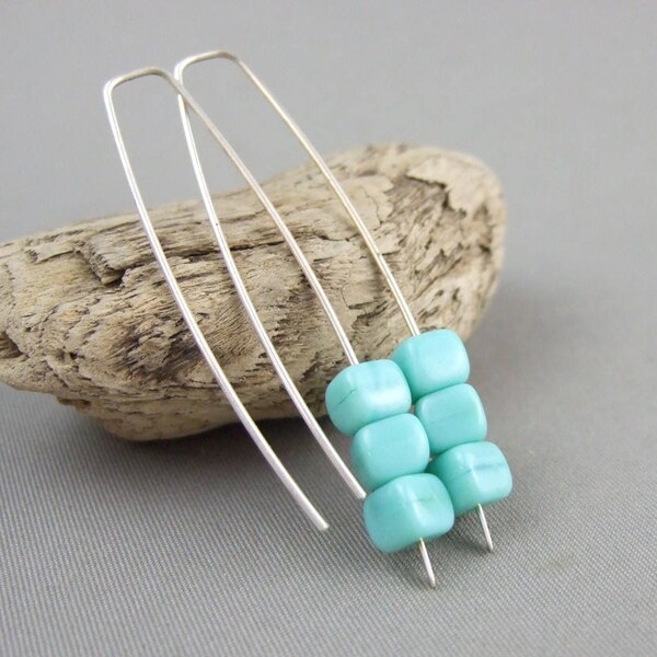 RESERVED FOR DIANE - Seafoam Green Sterling Silver Cube Czech Glass Earrings - Modern Contemporary Dangle Earrings