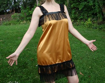 Gatsby Gold Satin Flapper Costume Adult Woman Roaring 20s Small Theater Murder Mystery Party Parade Halloween Masquerade