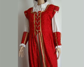 Renaissance Woman's Costume Gown, Chemise, Hat w/ Veil, Cuffs, Handmade, One-of-a-Kind Faire Theater Masquerade Halloween