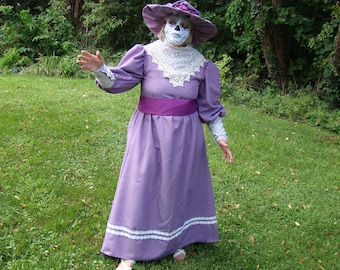 Victorian Lady Costume: Plus Size Purple Gown, Hat, Sash