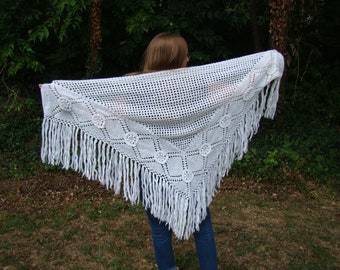 Vintage Hand Crocheted White Shawl or Wrap