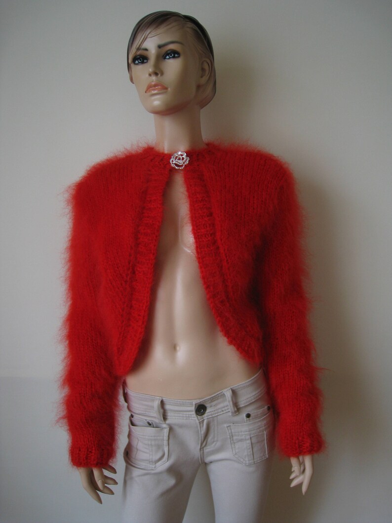 handknitted Red mohair bolero sgrug sweater soft nice size S M L XL Made to order