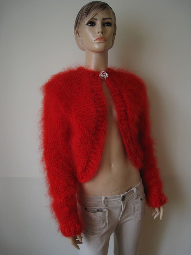 handknitted Red mohair bolero sgrug sweater soft nice size S M L XL Made to order