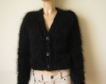 New HAND KNITTED Fluffy Black Mohair Bolero cardigan