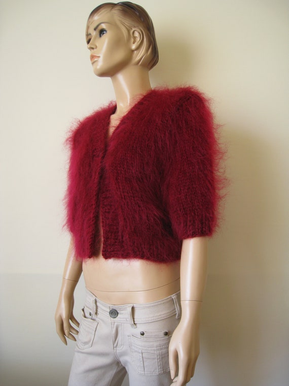handknitted Red mohair bolero sgrug sweater soft nice size S M L XL Made to order