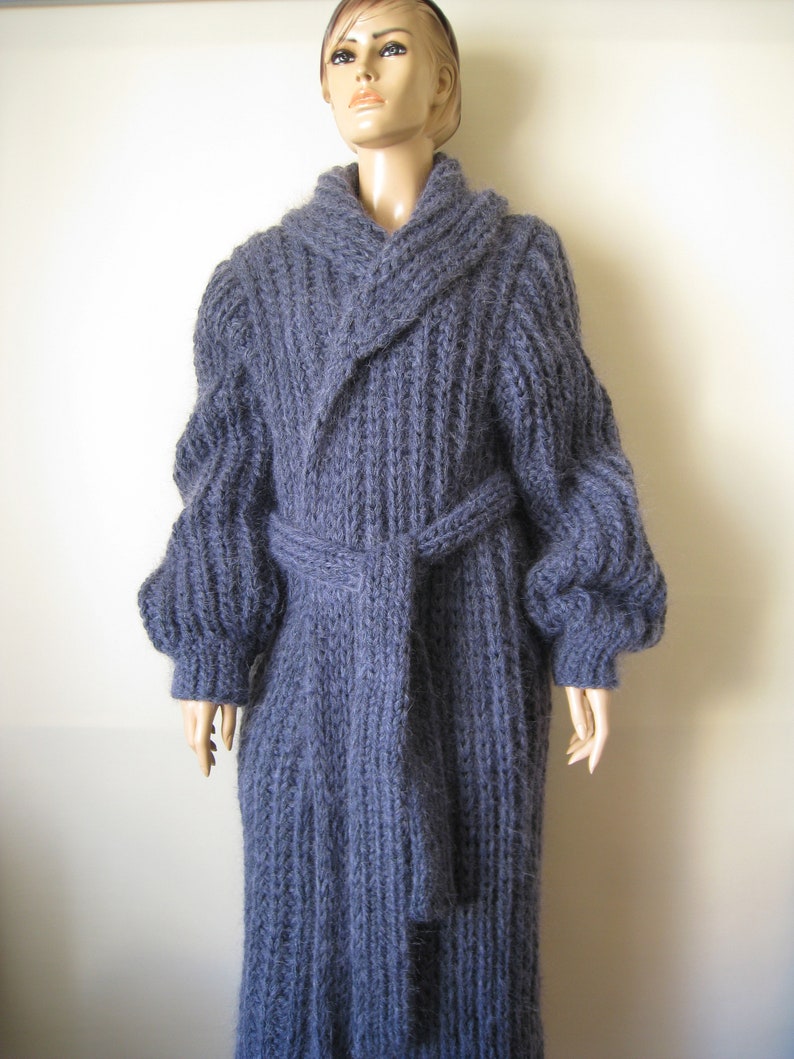 New hand knitted Denim Blue mohair+alpaca 5 strands thick long cardigan coat size XL Made to Order