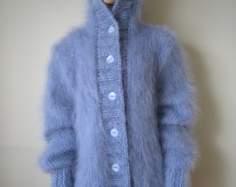 Made to Order ! New HAND KNITTED Blue MOHAIR Cardigan