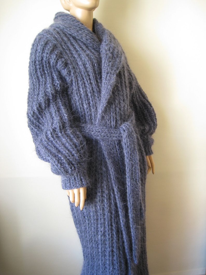 New hand knitted Denim Blue mohair+alpaca 5 strands thick long cardigan coat size XL Made to Order