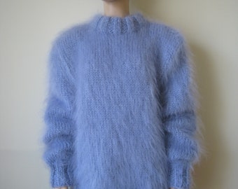 Made To Order ! New HAND KNITTED Blue MOHAIR Sweater