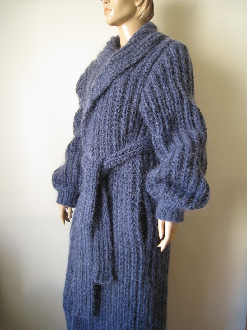 New hand knitted Denim Blue mohair+alpaca 5 strands thick long cardigan coat size XL Made to Order