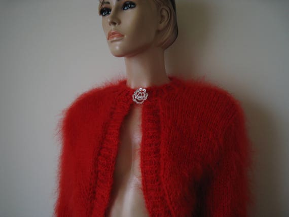 handknitted Red mohair bolero sgrug sweater soft nice size S M L XL Made to order
