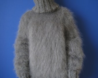 Made to order ! New Hand Knitted GRAY MOHAIR Sweater with Turtleneck