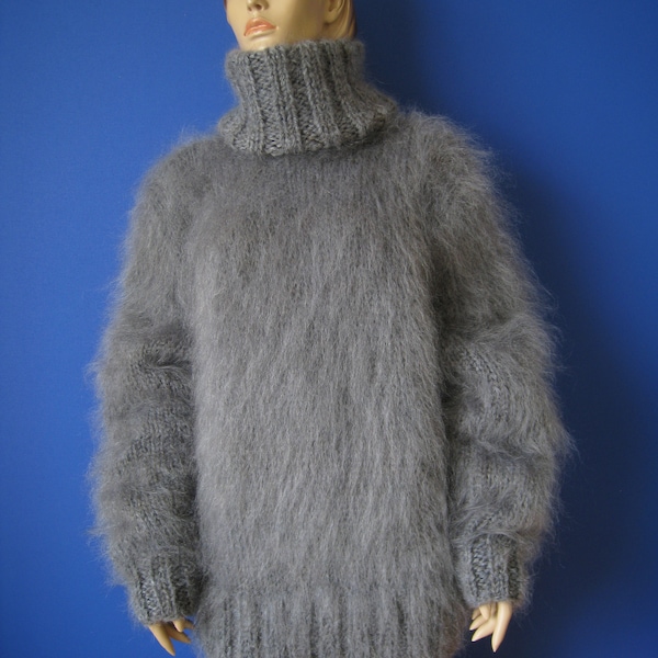 Made to order ! New Hand Knitted GRAY MOHAIR Sweater with Turtleneck
