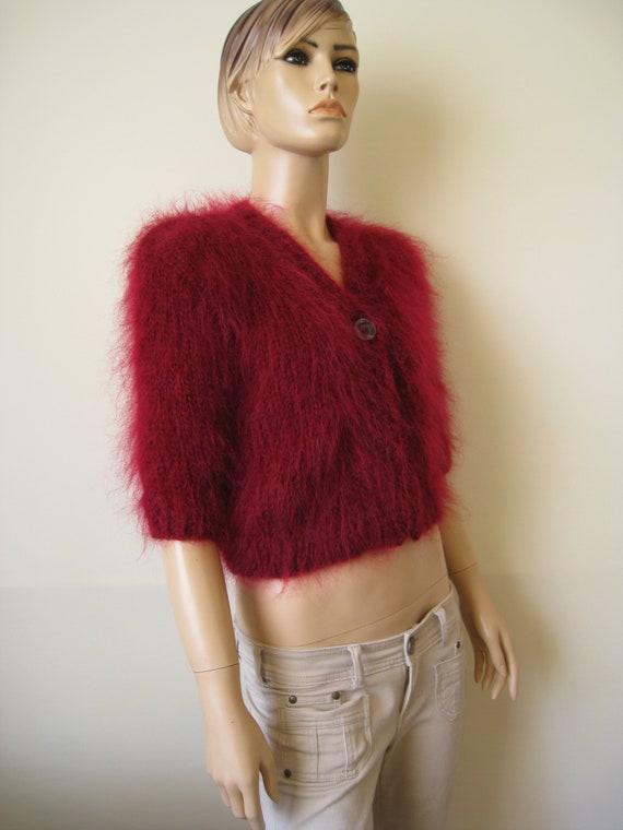 handknitted Red mohair bolero sgrug sweater soft nice size S M L XL Made to order