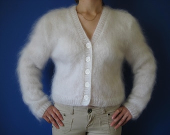 New HAND KNITTED Fluffy White Mohair Bolero cardigan