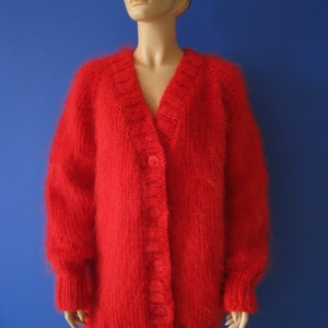 Made To Order ! New HAND Knitted Red Fluffy MOHAIR Cardigan