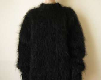 ¡Hecho a medida! Nuevo jersey negro de mohair esponjoso, tejido a mano.