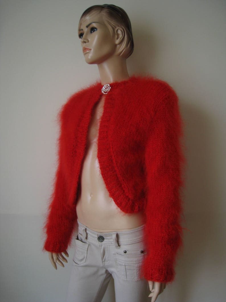 handknitted Red mohair bolero sgrug sweater soft nice size S M L XL Made to order
