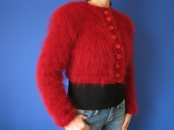 handknitted Red mohair bolero sgrug sweater soft nice size S M L XL Made to order