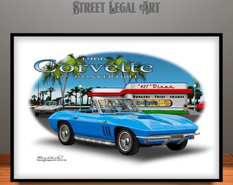 1966 Corvette Convertible 427 Muscle Car Art Print, Garage Decor