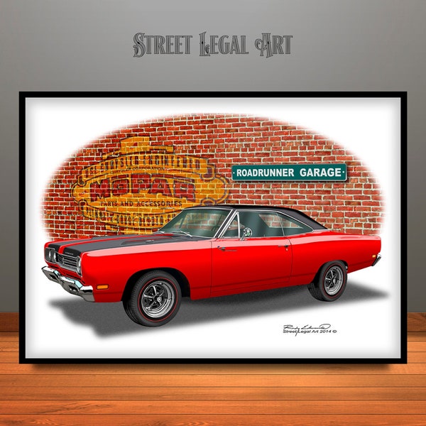 1969 Plymouth Roadrunner 383 Red Muscle Car Art Print, Garage Decor