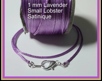 6 to 24 inch Lavender Satinique 1 mm Necklace Cord, Small  sliver plated Lobster, custom USA,, Pendant Cord, Charm cord