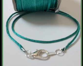 8 to 24 inch Dk Mint Green  Satinique Necklace Cord, 1mm slim cord, Choker necklace, Charm Cord, Silver, Gold, 18 mm large Lobster Claw