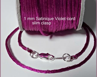 6 to 24 inch  Violet Satinique Necklace Cord, Charm cord, Choker, Pendant Cord,  Slim Lobster Clasp,  Narrow Cord, 1 mm Lt Weight, Custom