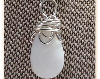 Mother of Pearl Minnie White Pendant. faceted on front, delicate tiny pendant, Wire wrapped in silver non tarnish wire, ready to ship.