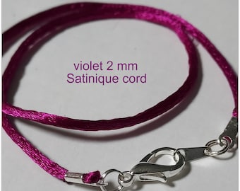 6 to 24 inch Violet Satinique 2 mm Necklace Cord, Large Silver plated  or Gold Lobster clasp, custom USA