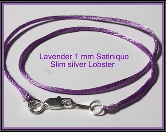 6 to 24 inch, Lavender Necklace Cord, 1mm Satinique Pendant Cord,  Choker cord, all occasion,  Slim Lobster Claw