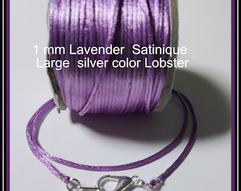 6 to 24 inch Lavender Satinique 1 mm Necklace Cord, Large  18 mm)Silver plated Lobster, custom USA