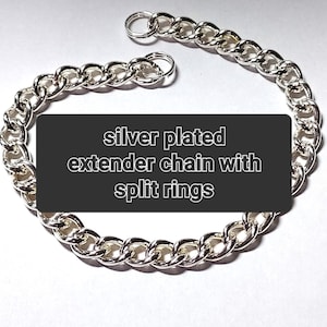 May include: Silver-plated extender chain with split rings. The chain is made of interconnected links and is designed to extend the length of a necklace or bracelet. The text on the image reads: "silver plated extender chain with split rings."