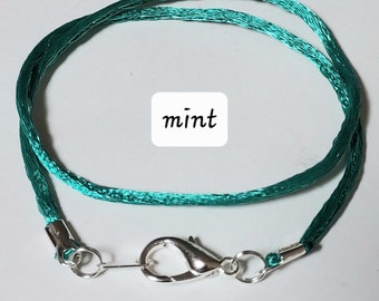 6 to 24 inch Dark Mint Green Satinique 2 mm Necklace Cord, Pendant cord, Charm cord, Large Silver plated  or Gold Lobster clasp, custom USA