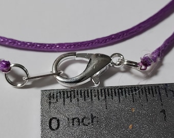 6 to 24 inch Lavender Satinique 2 mm Necklace Cord, Large Silver plated  or Gold Lobster clasp, custom USA