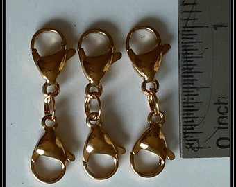 One set-3 pieces Small 14 mm Double Lobster Claws, Gold plated, Anklet, Bracelet, Necklace, Body Jewelry Extender.