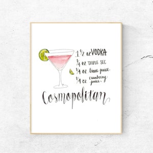 DIGITAL - Instant Download - 3 Sizes (4x6, 5x7, 8x10) - Cosmo / Cosmopolitan Cocktail Drink Recipe Watercolor