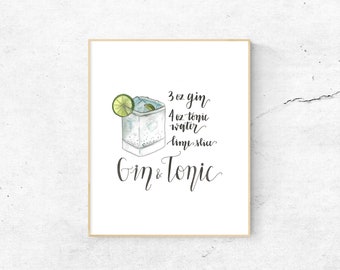 ORIGINAL -  Gin & Tonic -  Cocktail Drink Recipe Watercolor - 8x10